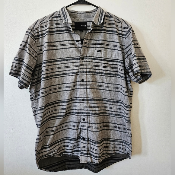 Hurley button front men's tee shirt top stripe pattern grey with pocket tshirt M - Picture 3 of 10